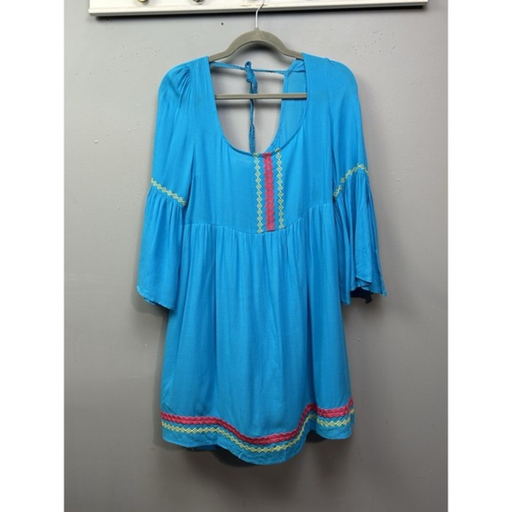 Umgee Blue Embroidered Bell Sleeve Babydoll Mini Dress A1156 Womens Size Medium